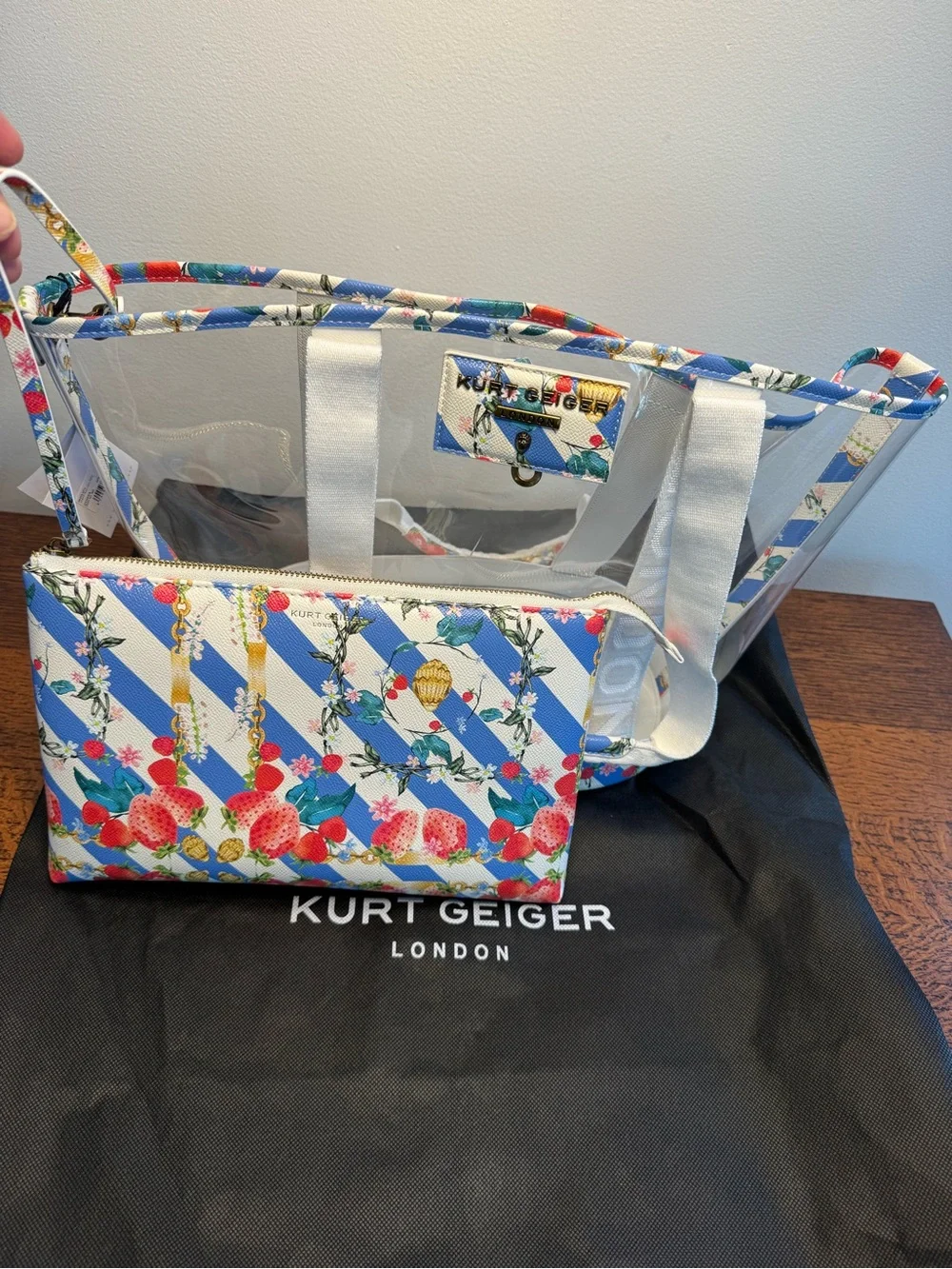 NWT Kurt Geiger Hampstead Clear Vinyl Strawberry Tote w/Pouch and Dustbag